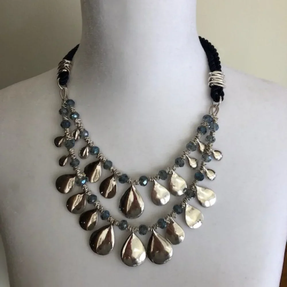 VINEYARD HAVEN Statement 2 Strand Silvertone/Blue Rope Necklace NWT